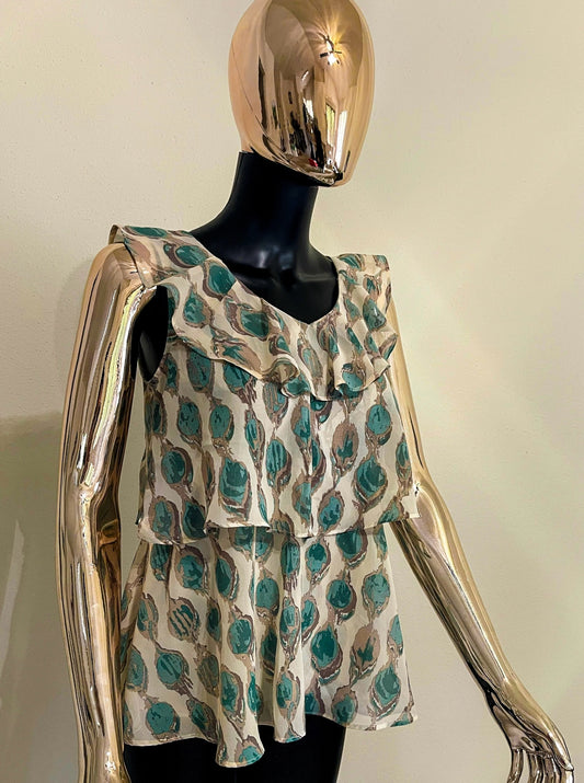 Floral Women’s Green & Beige Blouse- Size (XS)